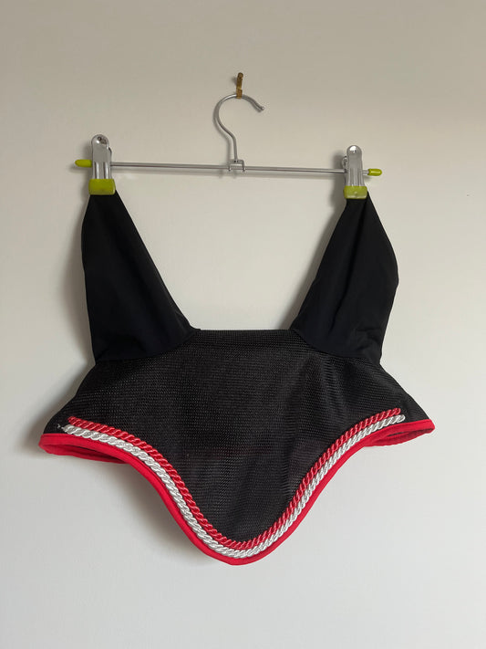 black ear bonnet with red and white piping