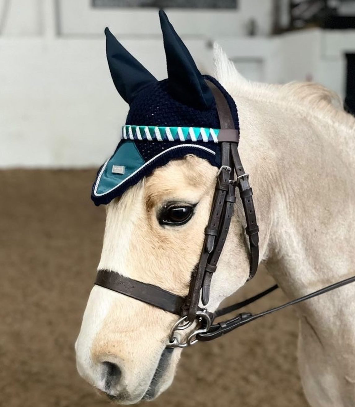 a palomino pony wearing a emerald green, navy and silver bespoke browband to match with Equestrian Stockholm's emerald set