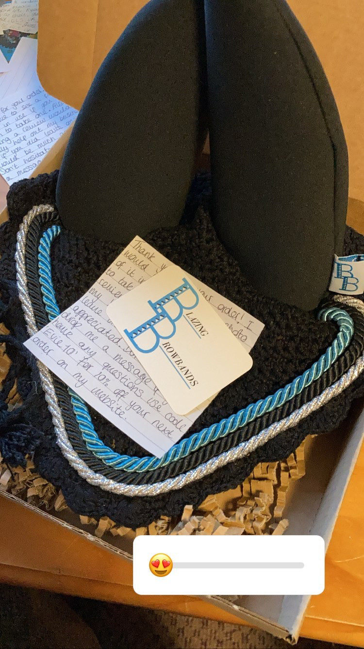 a bespoke soundproof black ear bonnet with added silver and blue piping