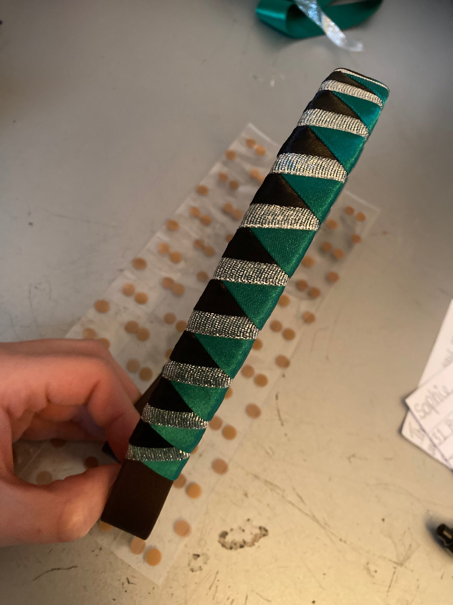 a emerald green, silver and black bespoke browband