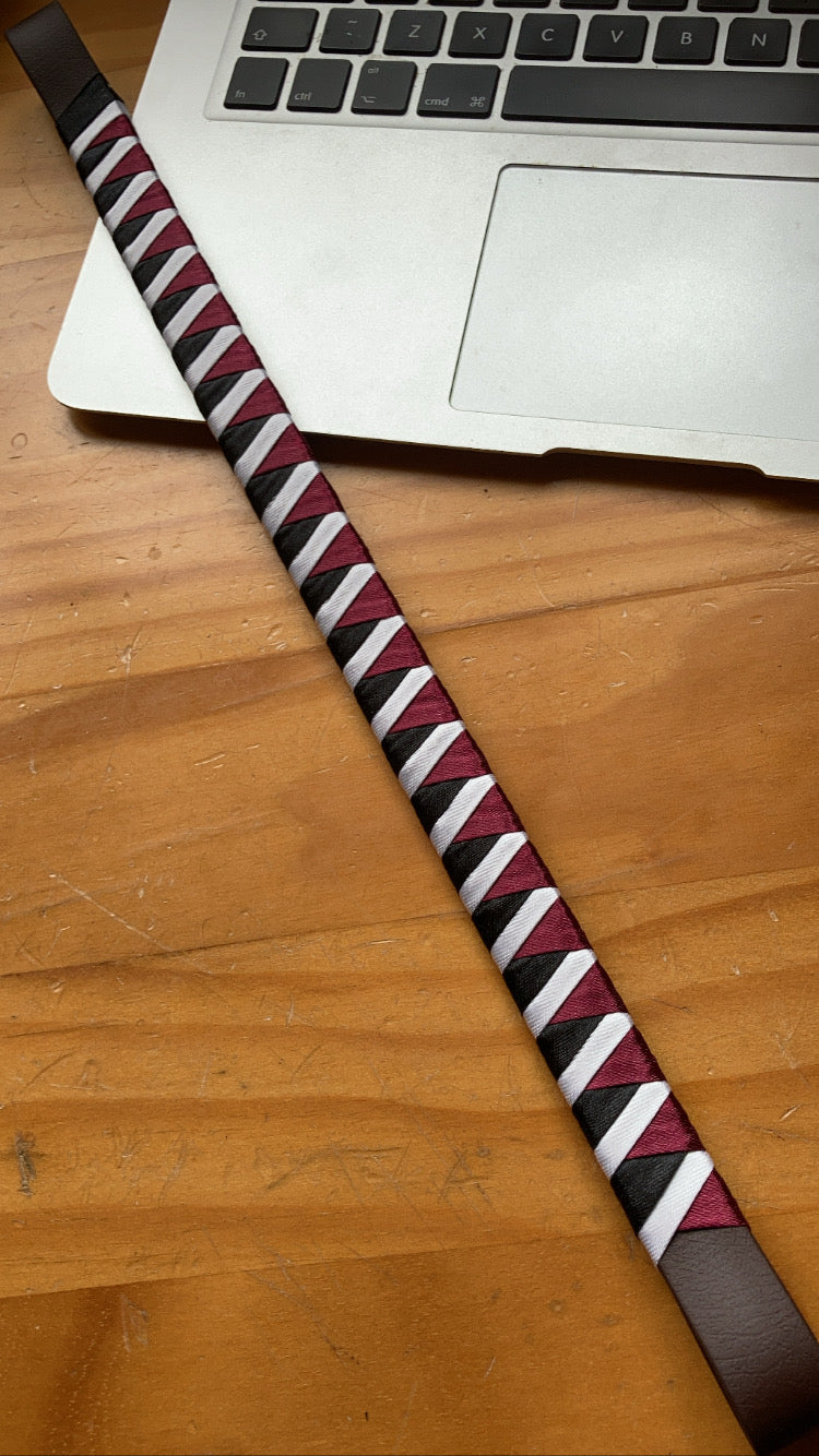 a burgundy, black and white bespoke browband