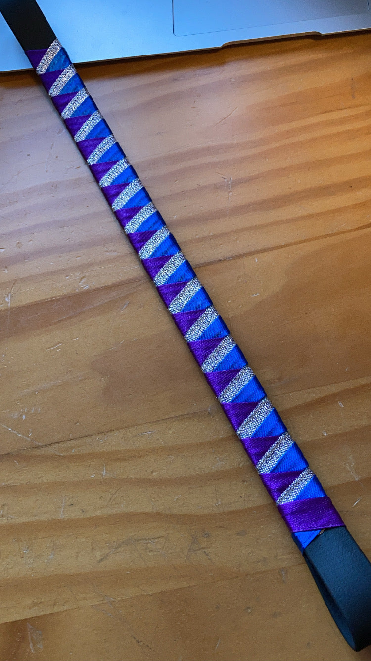 a purple, royal blue and silver bespoke browband