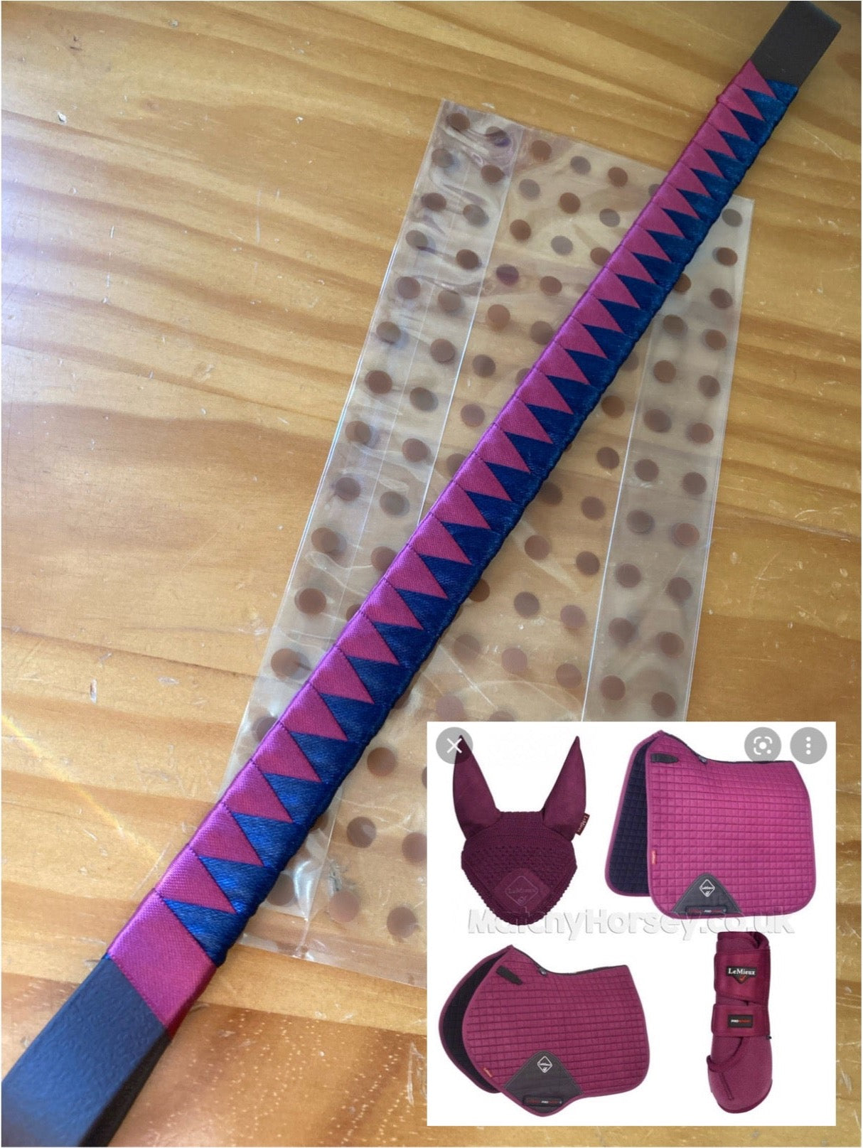 a plum and navy bespoke browband made to match le Mieux's plum range